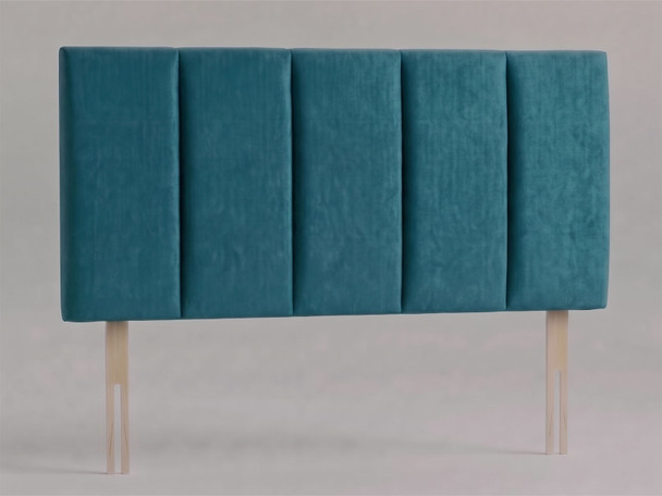 Lyra bed headboard in Teal Atlanta fabric with five deep padded vertical panels and wooden fixing struts