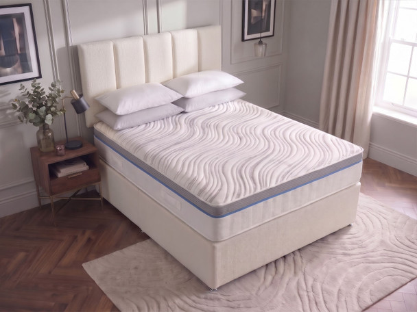 Hampton divan bed set in Ivory fabric seen from above, showing the wave quilted top and grey and blue border of the memory foam mattress