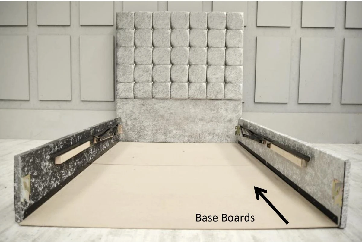 Ottoman bed headboard with the side rails fitted and the base boards slid into place