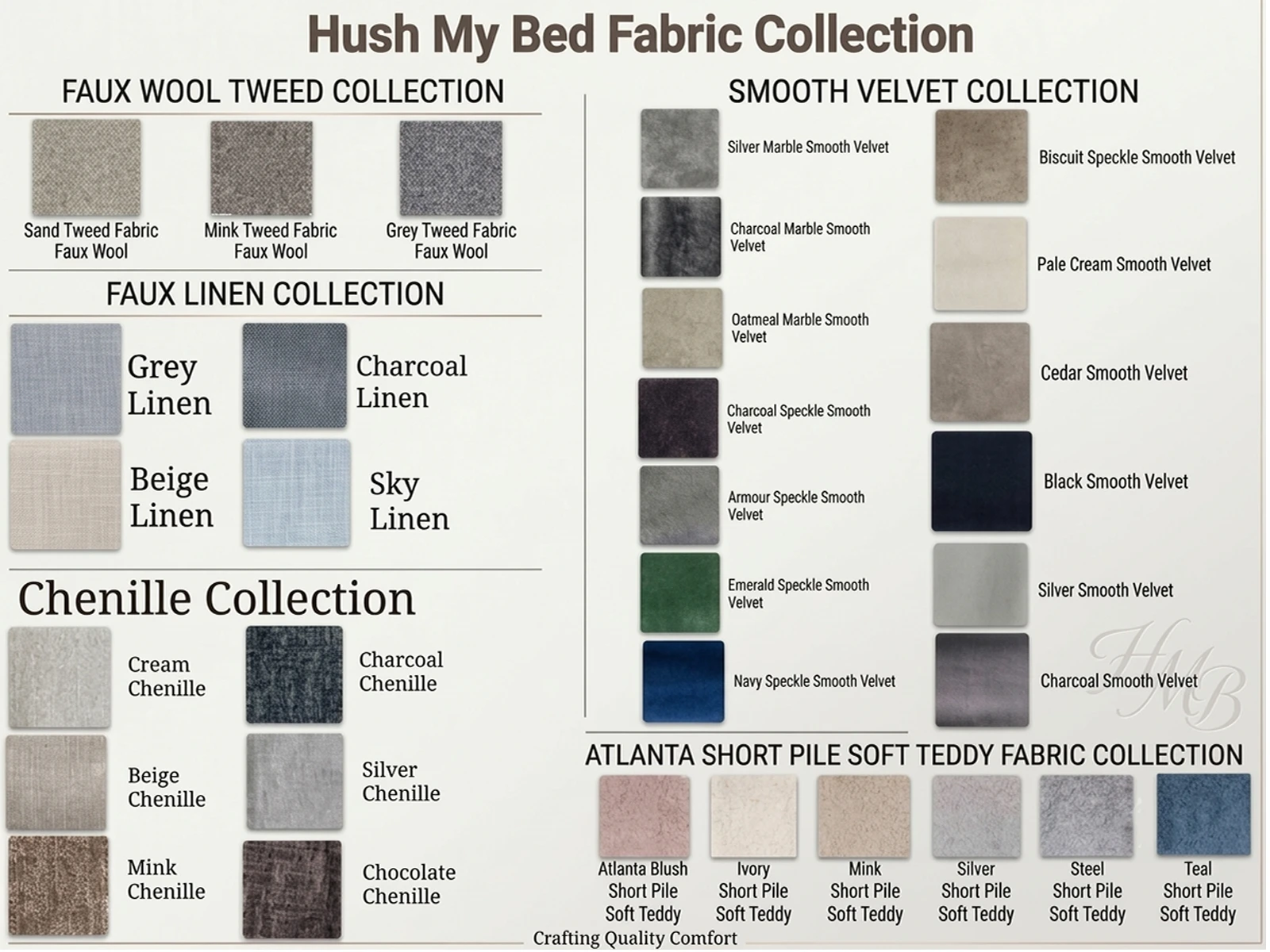 A fabric reference chart titled "Hush My Bed Fabric Collection" containing five distinct fabric categories with square color swatches for each:  ​Faux Wool Tweed Collection: Sand, Mink, and Grey. ​Faux Linen Collection: Grey, Charcoal, Beige, and Sky. ​Chenille Collection: Cream, Charcoal, Beige, Silver, Mink, and Chocolate. ​Smooth Velvet Collection: Silver Marble, Charcoal Marble, Oatmeal Marble, Charcoal Speckle, Armour Speckle, Emerald Speckle, Navy Speckle, Biscuit Speckle, Pale Cream, Cedar, Black, Silver, and Charcoal. ​Atlanta Short Pile Soft Teddy Fabric Collection: Atlanta Blush, Ivory, Mink, Silver, Steel, and Teal. 