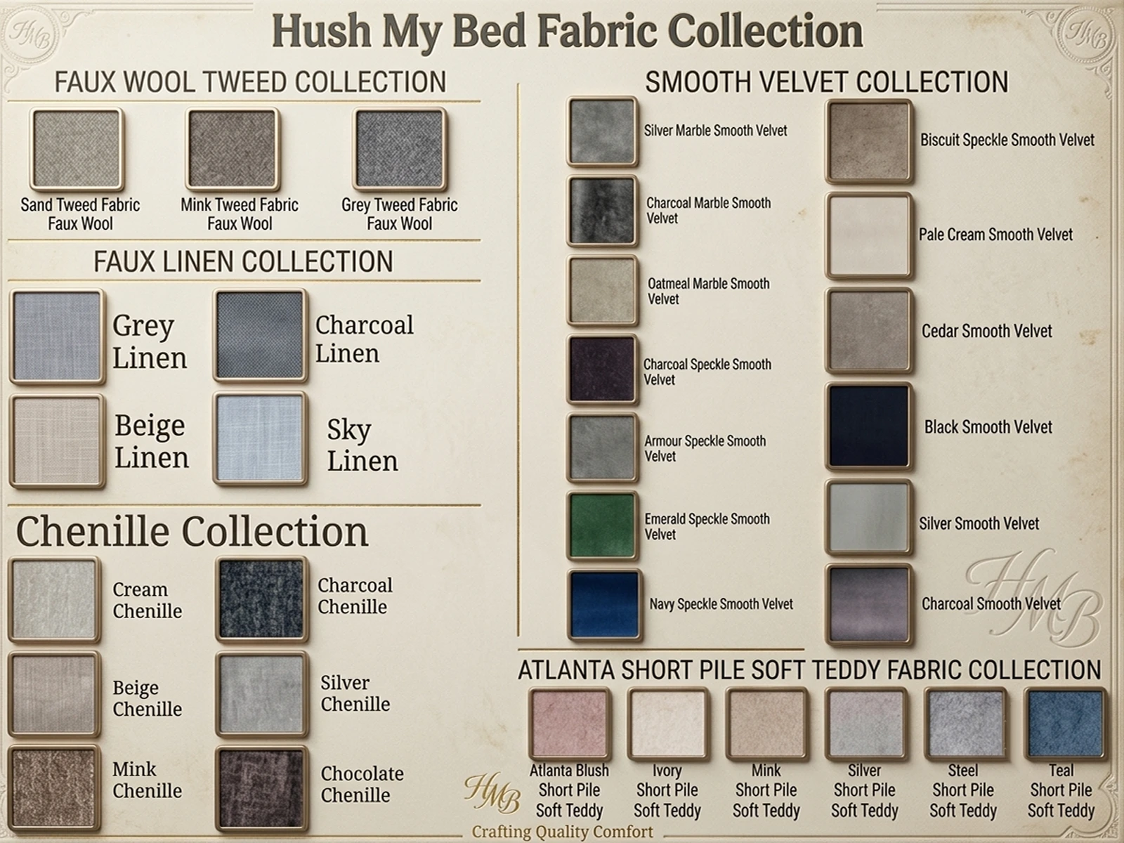 A fabric reference chart titled "Hush My Bed Fabric Collection" containing five distinct fabric categories with square color swatches for each:  ​Faux Wool Tweed Collection: Sand, Mink, and Grey. ​Faux Linen Collection: Grey, Charcoal, Beige, and Sky. ​Chenille Collection: Cream, Charcoal, Beige, Silver, Mink, and Chocolate. ​Smooth Velvet Collection: Silver Marble, Charcoal Marble, Oatmeal Marble, Charcoal Speckle, Armour Speckle, Emerald Speckle, Navy Speckle, Biscuit Speckle, Pale Cream, Cedar, Black, Silver, and Charcoal. ​Atlanta Short Pile Soft Teddy Fabric Collection: Atlanta Blush, Ivory, Mink, Silver, Steel, and Teal. 