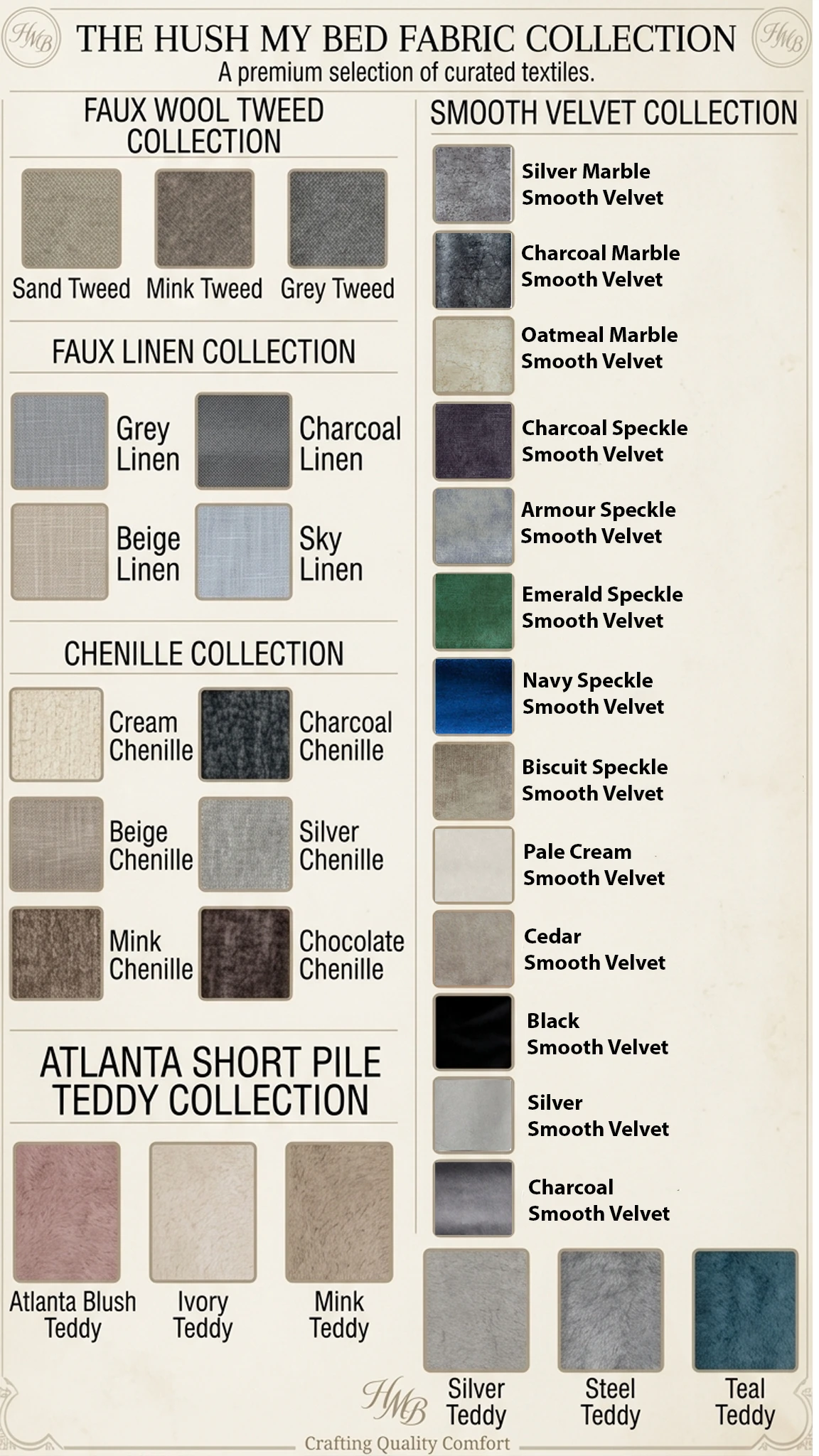 Close-up of premium upholstery fabric swatches by Hush My Bed, featuring smooth velvet, textured bouclé, and woven linen in warm neutral and jewel tones."