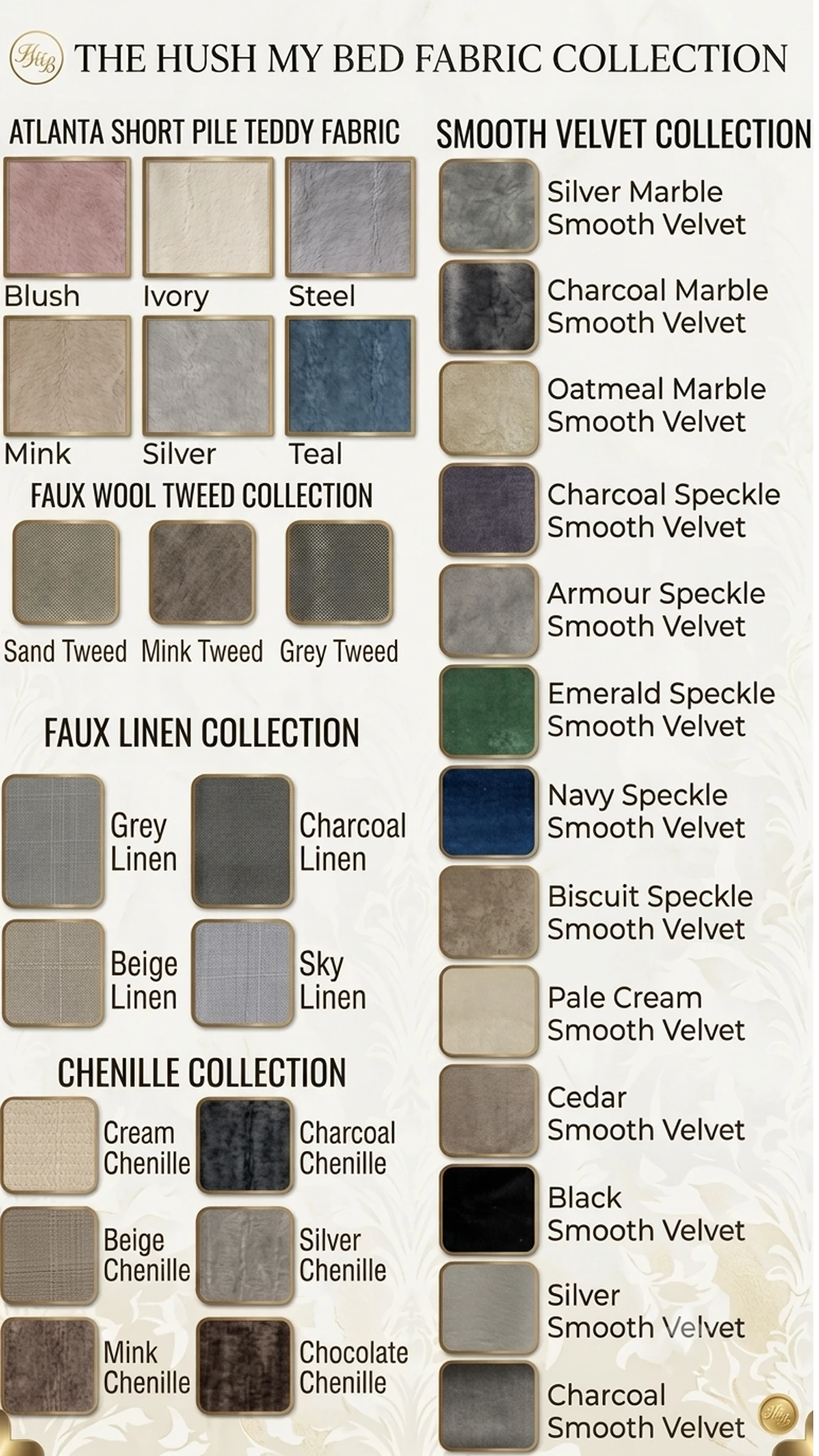 Close-up of premium upholstery fabric swatches by Hush My Bed, featuring smooth velvet, textured bouclé, and woven linen in warm neutral and jewel tones."