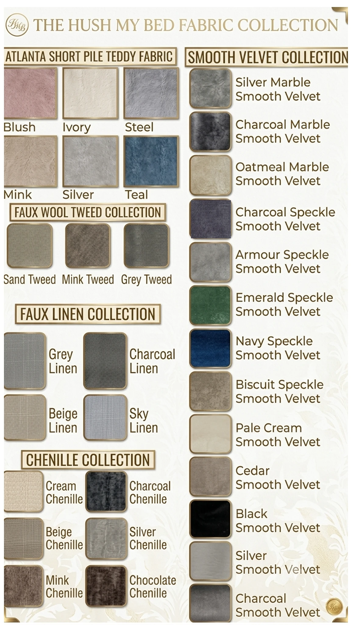 Close-up of premium upholstery fabric swatches by Hush My Bed, featuring smooth velvet, textured bouclé, and woven linen in warm neutral and jewel tones."