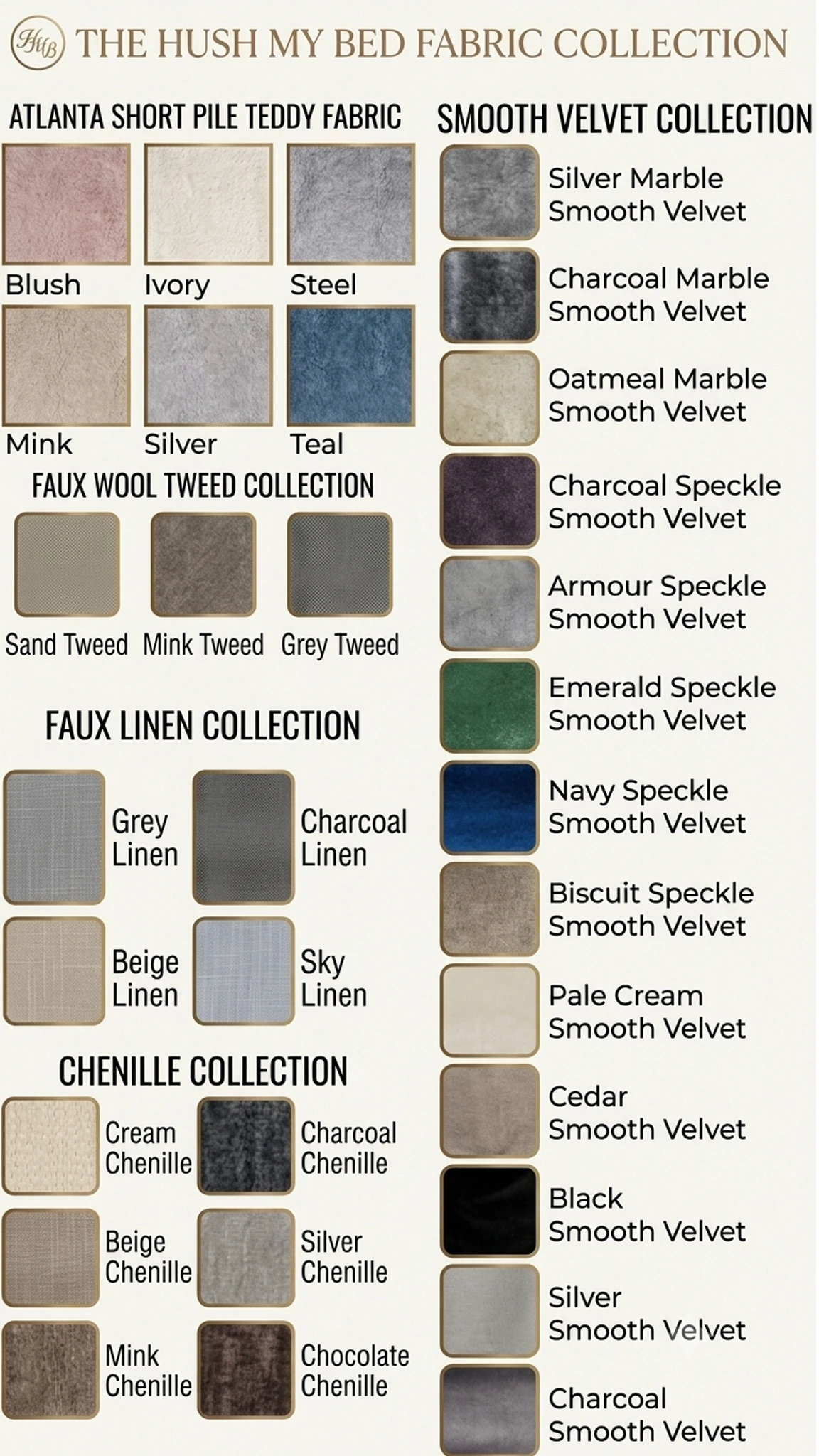 Close-up of premium upholstery fabric swatches by Hush My Bed, featuring smooth velvet, textured bouclé, and woven linen in warm neutral and jewel tones."