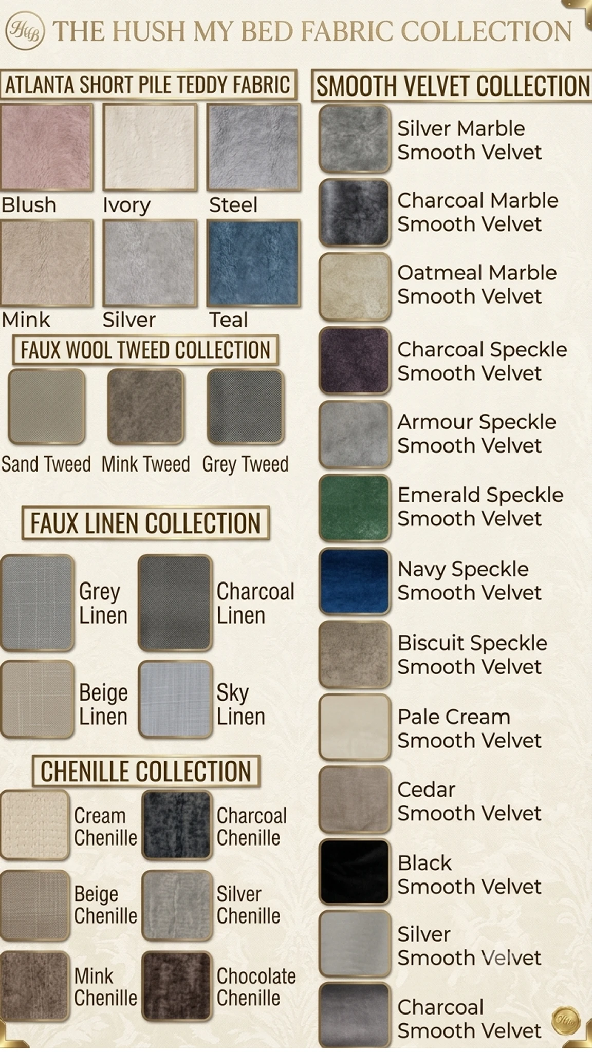 Close-up of premium upholstery fabric swatches by Hush My Bed, featuring smooth velvet, textured bouclé, and woven linen in warm neutral and jewel tones."