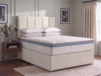 Hampton divan bed set in Ivory fabric with a 1000 pocket sprung memory foam mattress, matching divan base and Lyra Vertical Panel headboard