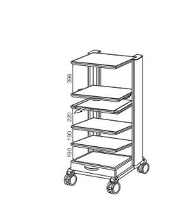 EQUIPMENT TROLLEY, VERSION "S", WITH6 SHELVES,1 BASE DRAWER, 3 FIXED SHELVES1 FIXED SH. WITH 3 HANDLES,1 PULL OUT SHDIM.: W530XH1670XD480 MM
WITH INTEGRATED LARGE CABLE CHANNEL
WITHOUT ELECTRICAL