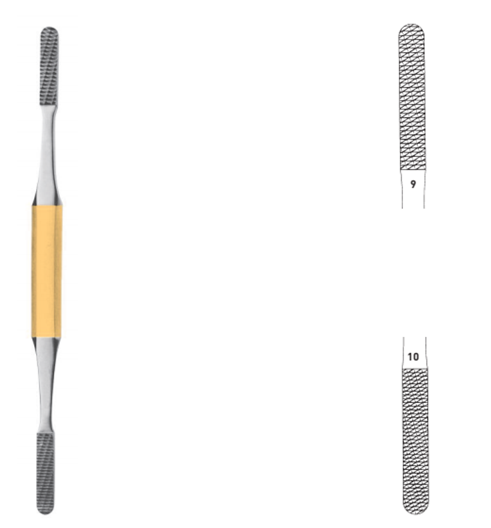 NASAL RASP, DOUBLE-ENDED, TUNGSTENCARBIDE, LENGTH 20CM, SIZE 9 AND 10 =FINE