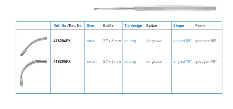 SINUS FRONTAL CURETTE, OBLONG, SMALL,55° CURVED, 19 CM