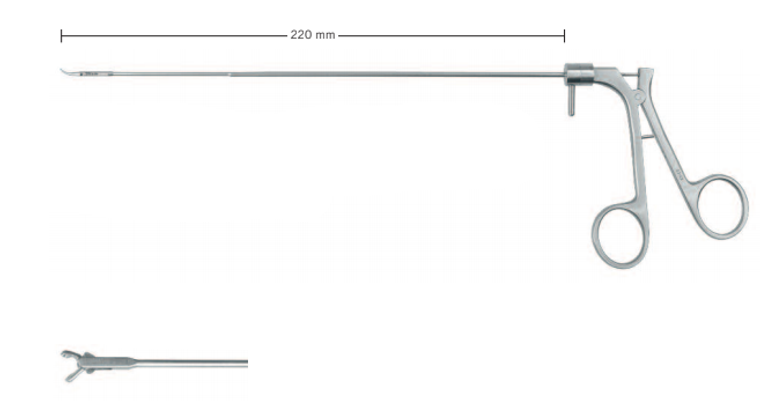 LARYNX FORCEPS WITH ROUND CUPPED JAWS,360° ROTATABLE,  2 MM, DOUBLE ACTIONJAWS, CURVED, WL 22 CM