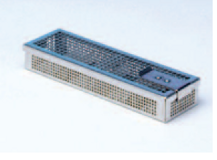 INSTRUMENT TRAY, STAINL. STEEL W. LID,PERFORATED SIDES, 170x50x25MM, ONESILICON HOLDER FIXED IN LID ANDONE SILICON MAT IN THE BOTTOM