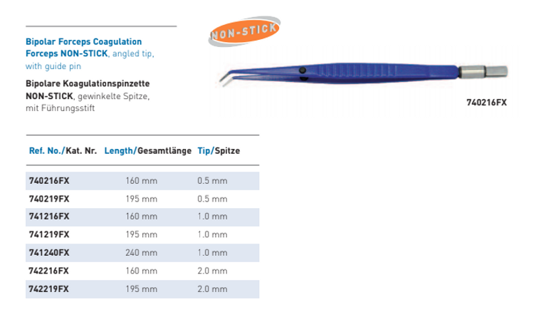 BIPOLAR COAGULATION FORCEPS, CURVEDGUIDING PIN, NON-STICK, TIP 0.5 MM,LENGTH 195 MM