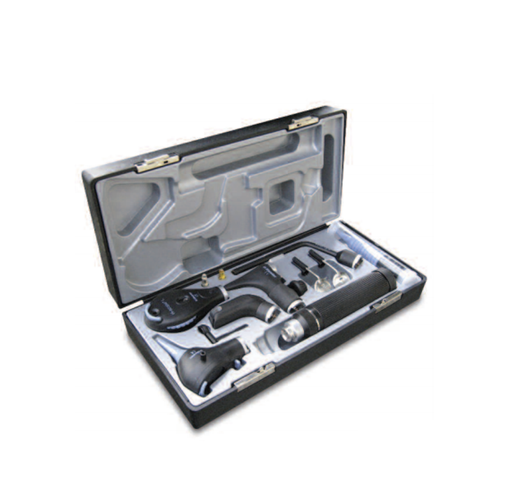 OTO-OPHTHALMOSCOPE RI-SCOPE IN CASE WITHSPECULA, TONGUE DEPRESSOR, LIGHT CARRIER2 LARYNX MIRROR, 4 BLACK RE-USABLE EAR-SPECULA AND 3 BLUE DISPOSABLE SPECULA 2 AND 4MM,
BATTERY HANDLE HL 2.5V FOR RI-ACCU
(BATTERIES AND CHARGER NOT INCLUDED)
