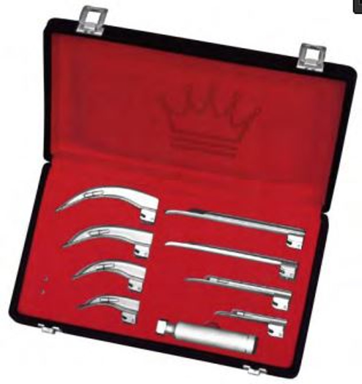 FIBER-OPTIC MAC/MILLER Combo Set, Includes - 8 Blades 1 each of MAC No.1, 2, 3 and 4 and MILLER No.1, 2, 3 and 4 and "C" Handle In Hard Case with 2 extra halogen lamp