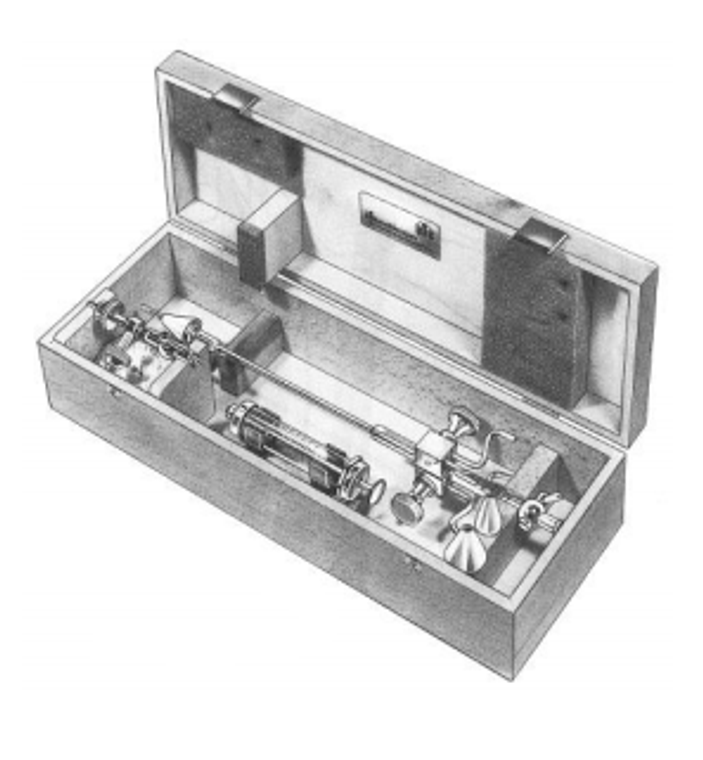 SCHULTZE Salpingograph, without Compressed Air Gauge, complete set, :(1) Tubal Catheter, (1) Cone, Small, (1) Cone, Medium, (1) Cone, Large, (1) Record Syringe with Luer-Lock hub, 10 cc. In Wooden Case.