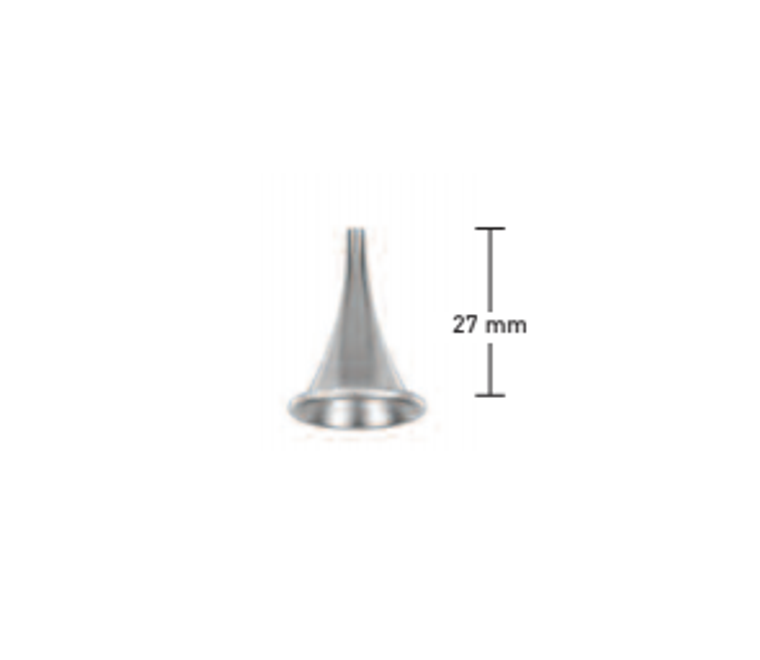 EAR SPECULUM BY POLITZER, SHORT, INFANT TYPE, 4MM I.D., 2.7CM, FIG.3, DULL INNER FINISH, BRIGHT CHROME PLATED OUTSIDE, ROUND