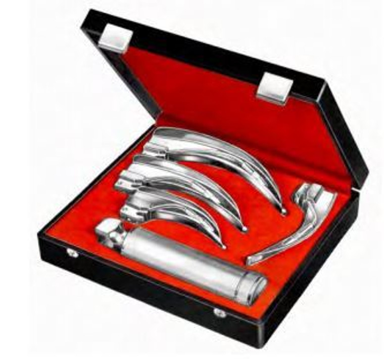 MACINTOSH Laryngoscope Set, Includes - 4 Blades 1 each of MAC No1,2, 3 and 4 and "C" Handle in Hard Case, with 1 extra lamp