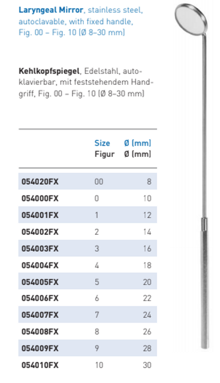 LARYNGEAL MIRROR WITH FIXED HANDLE,AUTOCLAVABLE, STAINLESS STEEL, FIG.1