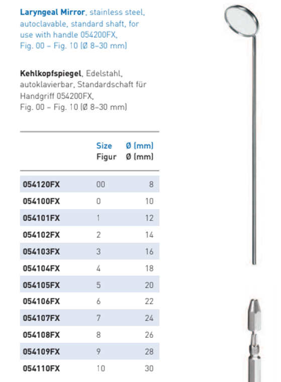 LARYNGEAL MIRROR WITHOUT HANDLE, FIG.2,AUTOCLAVABLE, SHAFT WITHOUT THREAD,STAINLESS STEEL