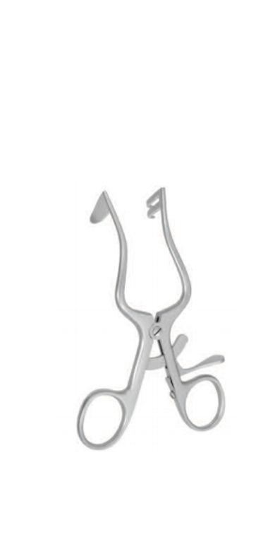 RETRACTOR BY PLESTER, 11CM,2 PRONGS RIGHT, SOLID BLADE LEFT,SEMI SHARP