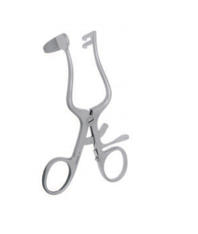 RETRACTOR BY WIGAND, 11CM, 2 PRONGSRIGHT, LONG SLENDER GROOVED BLADE LEFT