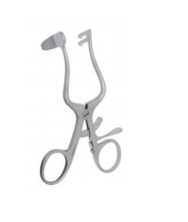 RETRACTOR BY WIGAND, 11CM, 2 PRONGSLEFT, LONG SLENDER GROOVED BLADE RIGHT