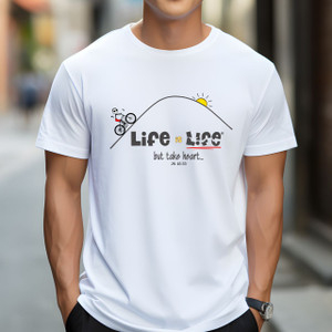 Cyclist Men's T-shirt, Bicycle Rider Shirt, Biker Shirt, John 16:33 Shirt, "Take heart" Tee, Christian Cyclist Shirt, Cyclist Gift, Biking Shirt for Men