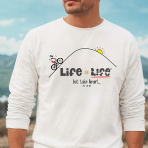 Cyclist Men's Sweatshirt, Bicycle Rider Shirt, Biker Shirt, John 16:33 Shirt, "Take heart" Sweatshirt, Christian Cyclist Shirt, Cyclist Gift, Biking Shirt for Men, Inspirational Shirt