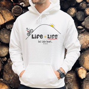 Cyclist Men's (WHITE) Hoodie, Bicycle Rider Shirt, Biker Shirt, John 16:33 Shirt, "Take heart" Hooded Sweatshirt, Christian Cyclist Shirt, Cyclist Gift, Biking Shirt for Men, Inspirational Shirt