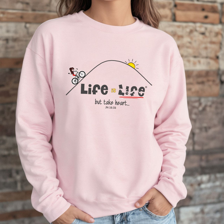 Biking Women's (LIGHT PINK) Sweatshirt, Women Cyclist Shirt, John 16:33 Shirt, Bicycle Rider Shirt, Biker Shirt, "Take heart" Sweatshirt, Christian Cyclist Shirt, Cyclist Gift