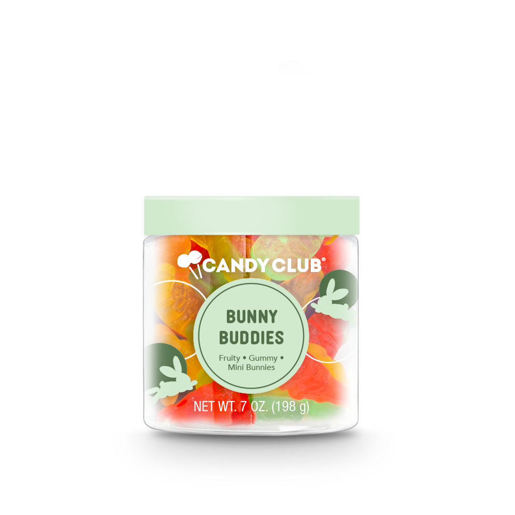 A cup of Bunny Buddies candy with mint green lid