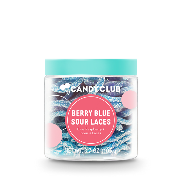 A cup of Berry Blue Sour Laces candy with lid