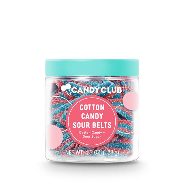 A cup of Cotton Candy Sour Belts candy with lid