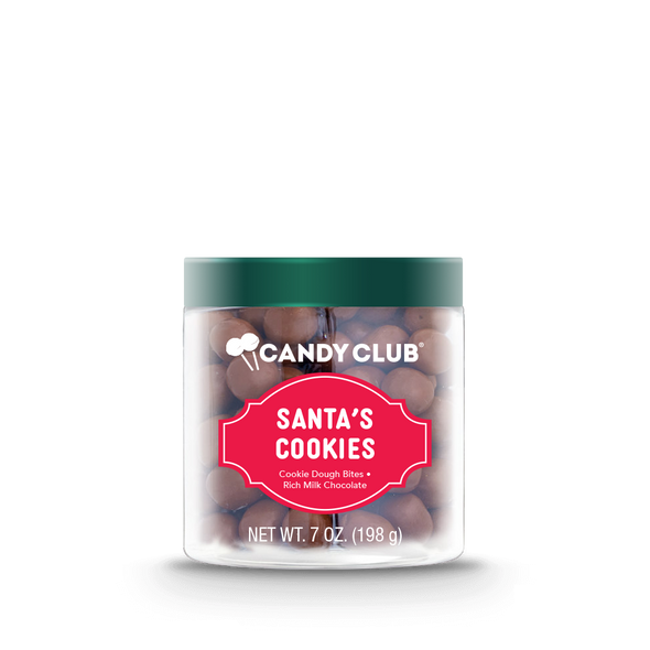 A cup of Santa's Cookies candy with green lid