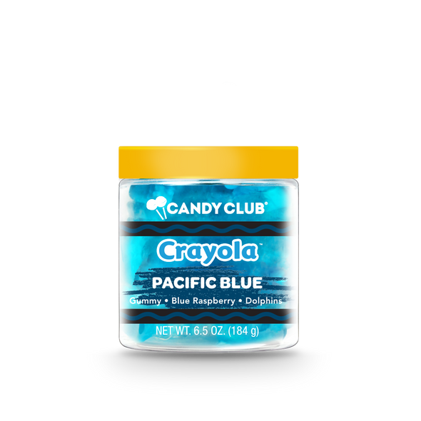 A cup of Candy Club's Crayola Pacific Blue candy with yellow lid. Official licensed product.