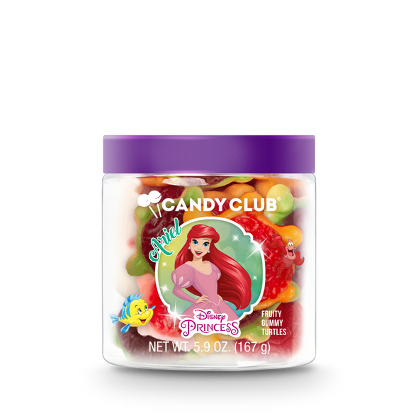 A cup of Candy Club's Disney Princess Ariel candy with purple lid. 
©Disney.