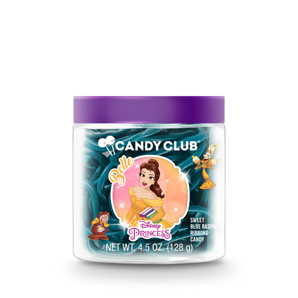 A cup of Candy Club's Disney Princess Belle candy with purple lid. 
©Disney.