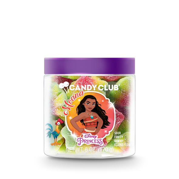 A cup of Candy Club's Disney Princess Moana candy with purple lid. 
©Disney.