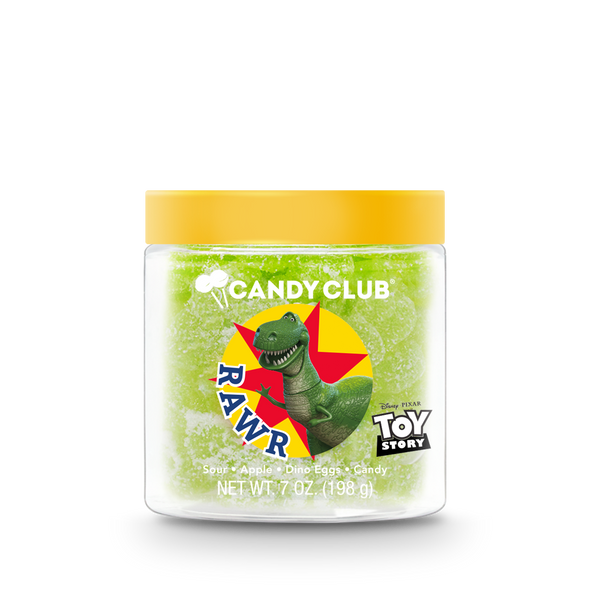A cup of Candy Club's Disney and Pixar Toy Story Rex candy with yellow lid.
©Disney/Pixar.