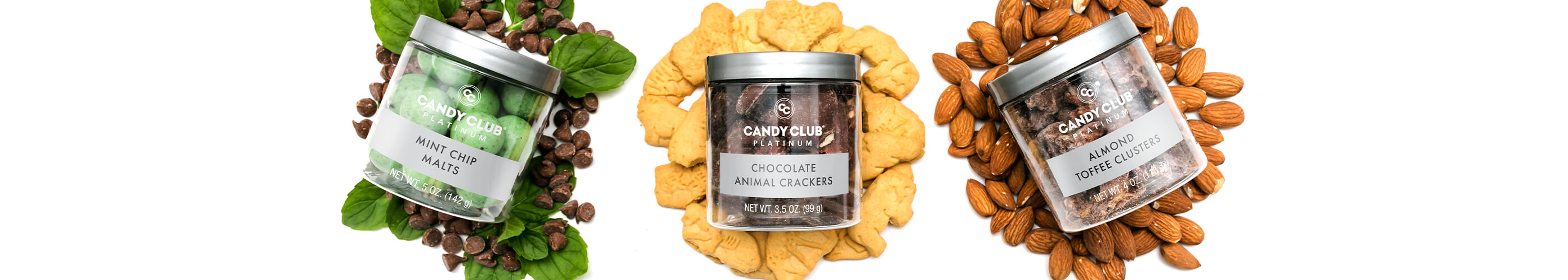 Candy Club's Platinum Collection with premium chocolate. Chocolate Animal Crackers, Almond Toffee Clusters, and Peanut Butter Pretzel Clusters