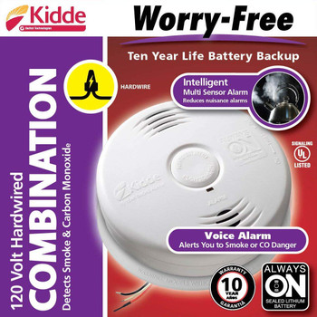Kidde Hardwired w/10 Year Lithium Battery Backup  Smoke and Carbon Monoxide Detector Alarm with Voice Warning - i12010SCO Kidde Hardwired w/10 Year Lithium Battery Backup  Smoke and Carbon Monoxide Detector Alarm with Voice Warning - i12010SCO