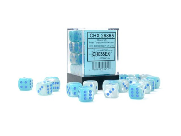 Chessex D6 DiceGemini 12mm d6 Pearl Turquoise-White/blue Luminary Dice Block (36 dice)