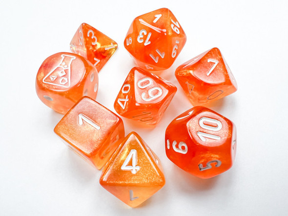 CHX 30052 Borealis Blood Orange/white Luminary Polyhedral 7-Dice Set (with bonus die)