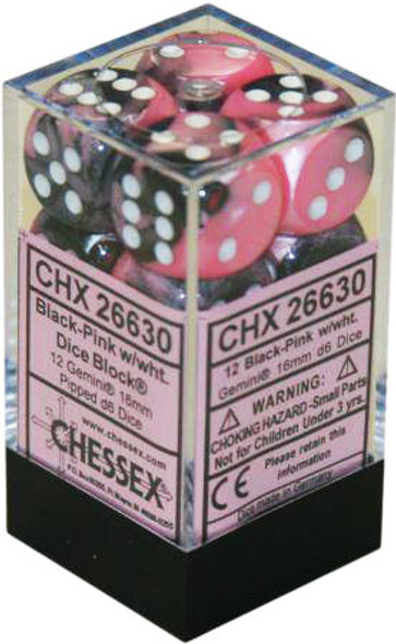 CHX 26630 Gemini Black-Pink/white 16mm d6 Dice Block (12 dice)