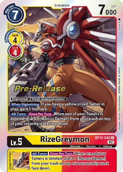 BT12-042R RizeGreymon (Prerelease Stamp) (Foil)