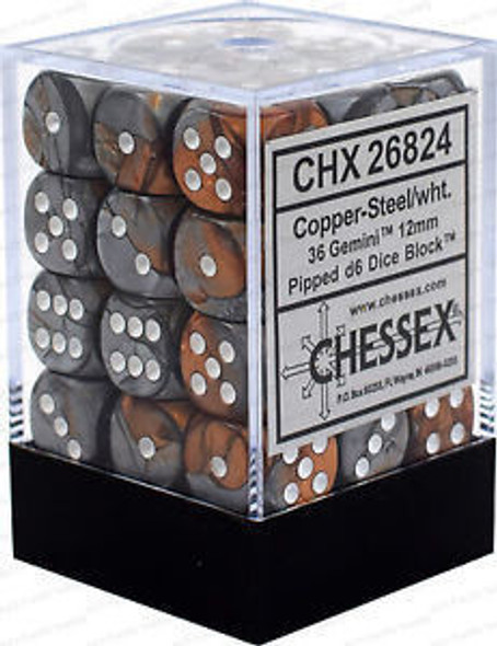 Chessex 26824 Gemini 12mm d6 Copper-Steel/White Block (36)