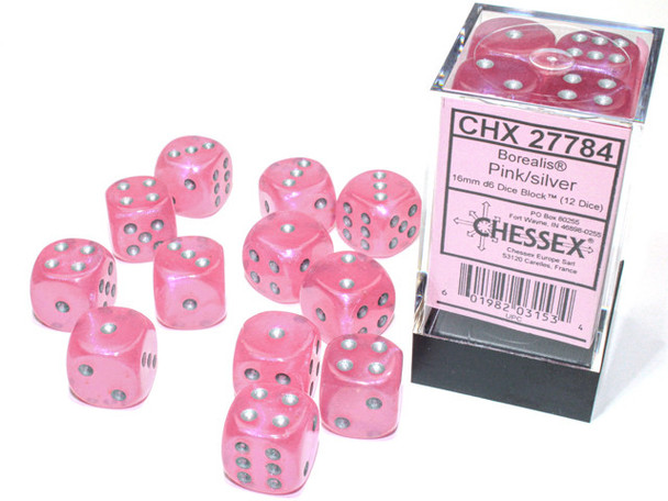 Chessex D6 DiceBorealis 16mm d6 Pink/silver Luminary Dice Block (12 dice)