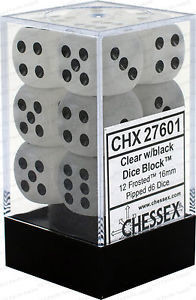 CHX 27601 Frosted Clear/black 16mm d6 Dice Block (12 dice)