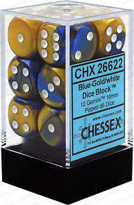 CHX 26622 Gemini Blue-Gold/white 16mm d6 Dice Block (12 dice)
